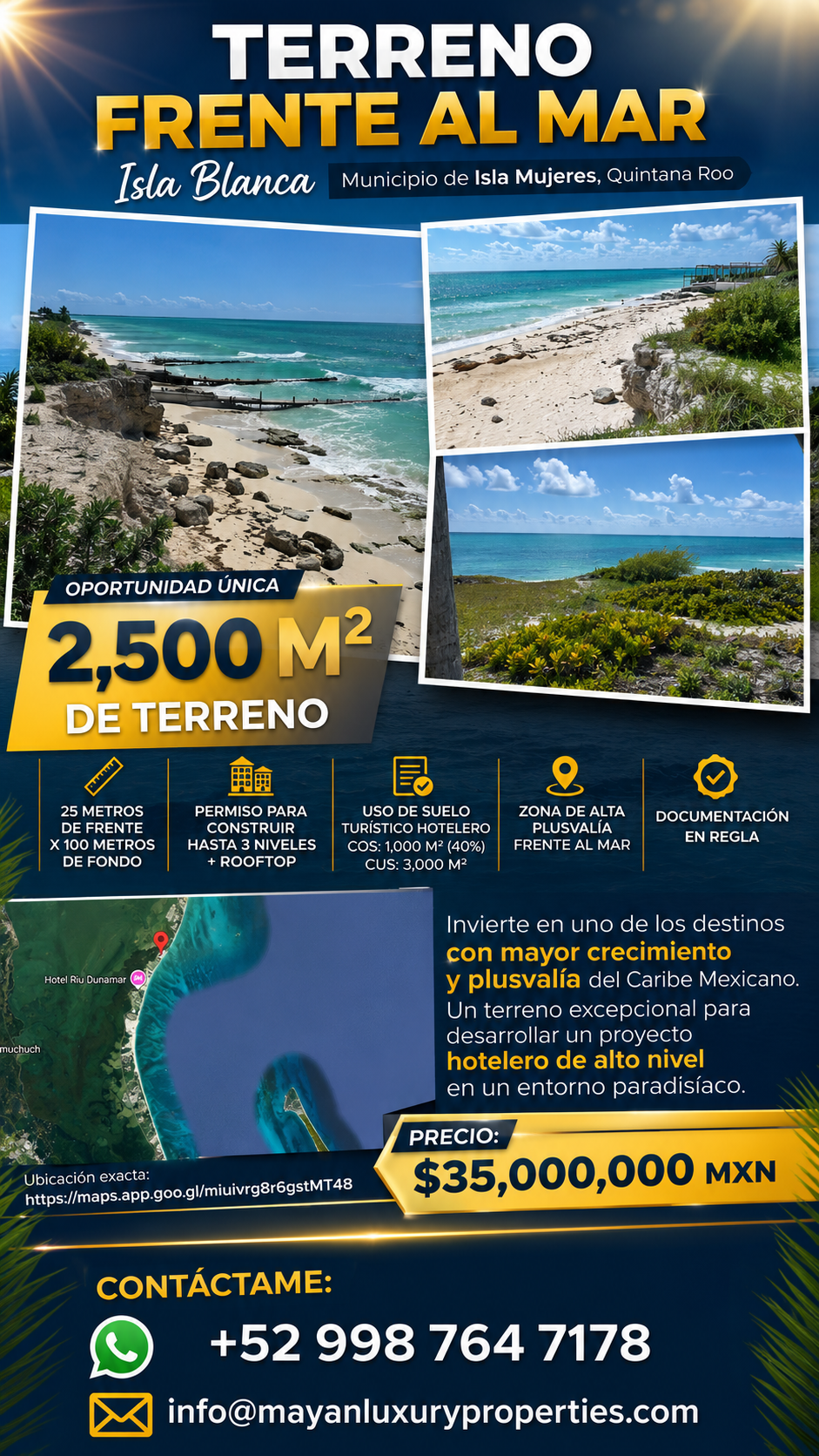 Terreno frente al mar Isla Blanca 2500 m²